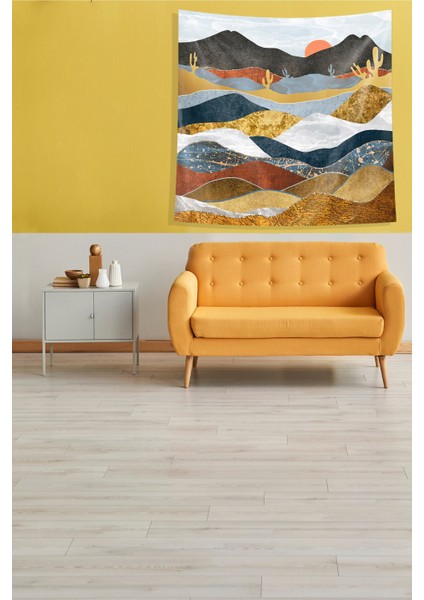 Gold-Gri Güneşin Batışı Leke Tutmaz Kadife Kumaş Duvar Örtüsü Duvar Halısı Tapestry