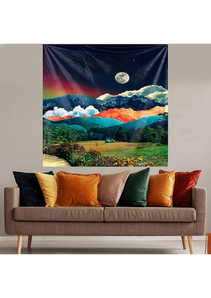 Dağın Zirvesi Ay Manzaralı Leke Tutmaz Kadife Dokulu Kumaş Duvar Örtüsü Duvar Halısı Tapestry