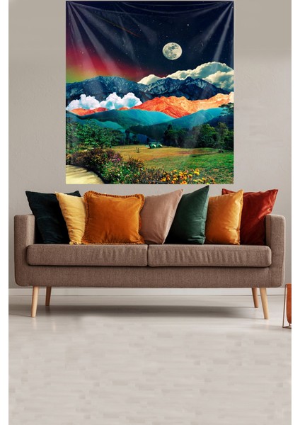Dağın Zirvesi Ay Manzaralı Leke Tutmaz Kadife Dokulu Kumaş Duvar Örtüsü Duvar Halısı Tapestry fiyatları