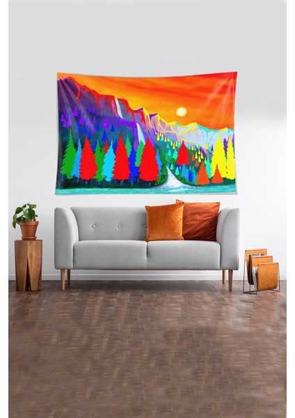 Çok Renkli Orman ve Çam Ağaçları Leke Tutmaz Kadife Kumaş Duvar Örtüsü Duvar Halısı Tapestry fiyatları