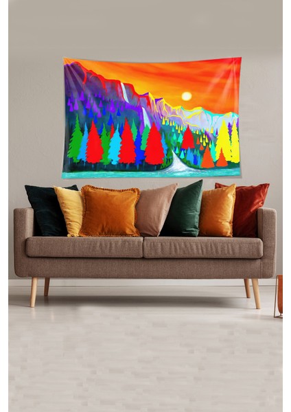 Çok Renkli Orman ve Çam Ağaçları Leke Tutmaz Kadife Kumaş Duvar Örtüsü Duvar Halısı Tapestry modelleri