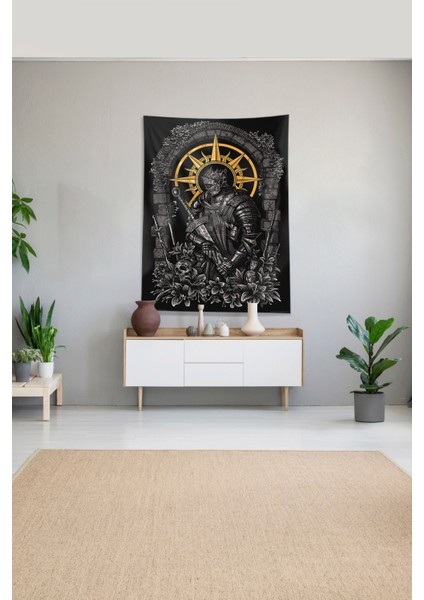 Siyah Şövalye Desenli Leke Tutmaz Kadife Kumaş Duvar Örtüsü Duvar Halısı Tapestry