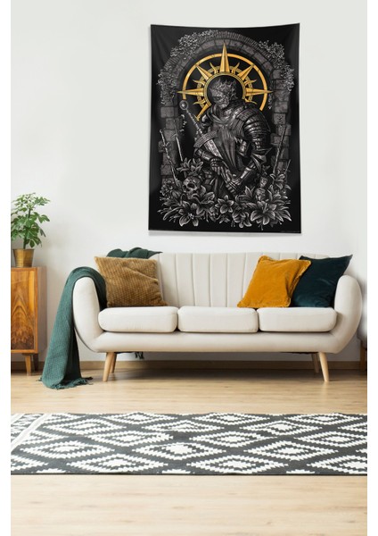 Siyah Şövalye Desenli Leke Tutmaz Kadife Kumaş Duvar Örtüsü Duvar Halısı Tapestry fiyatları
