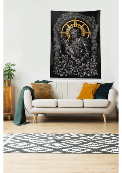 Siyah Şövalye Desenli Leke Tutmaz Kadife Kumaş Duvar Örtüsü Duvar Halısı Tapestry modelleri