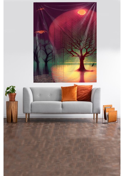 Sonbahar Yaprakları Dökülmüş Ağaç Leke Tutmaz Kadife Kumaş Duvar Örtüsü Duvar Halısı Tapestry