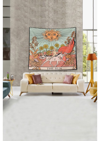 Bej The Sun Tarot Kartı Leke Tutmaz Kadife Kumaş Duvar Örtüsü Duvar Halısı Tapestry