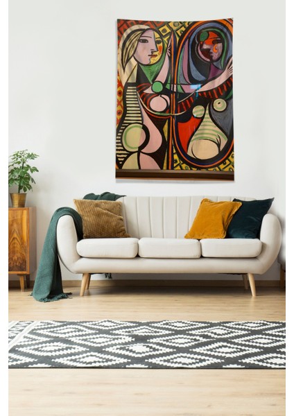 Multirenk Kubik Yansıma Kadın ve Adam Leke Tutmaz Kadife Kumaş Duvar Örtüsü Duvar Halısı Tapestry