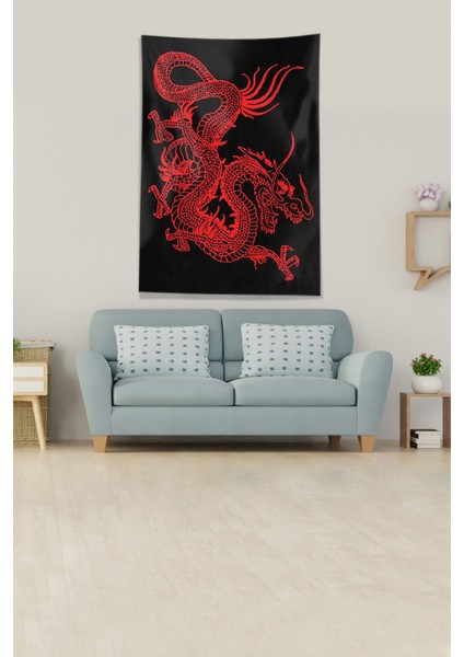 Siyah Kırmızı Ejderha Leke Tutmaz Kadife Kumaş Duvar Örtüsü Duvar Halısı Tapestry