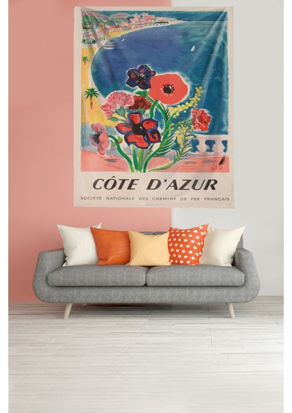 Cote D'azur Manzaralı Leke Tutmaz Kadife Kumaş Duvar Örtüsü Duvar Halısı Tapestry
