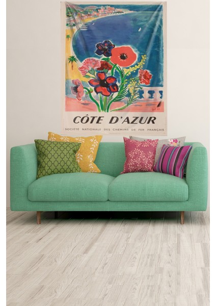 Cote D'azur Manzaralı Leke Tutmaz Kadife Kumaş Duvar Örtüsü Duvar Halısı Tapestry