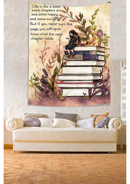 Kitap Okuyan Kız Kitaplık Temalı Leke Tutmaz Kumaş Duvar Örtüsü Duvar Halısı Tapestry