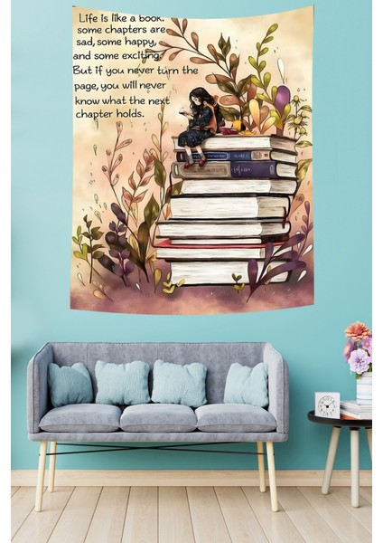 Kitap Okuyan Kız Kitaplık Temalı Leke Tutmaz Kumaş Duvar Örtüsü Duvar Halısı Tapestry modelleri
