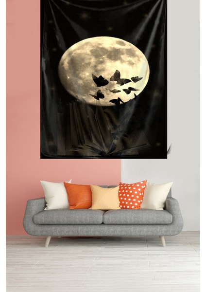 Kelebek Ay Gece Desen Leke Tutmaz Kadife Dokulu Kumaş Duvar Örtüsü Duvar Halısı Tapestry