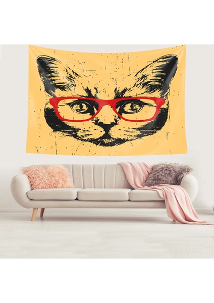 Kedi Desenli Sevimli Kedi Leke Tutmaz Kadife Dokulu Kumaş Duvar Örtüsü Duvar Halısı Tapestry