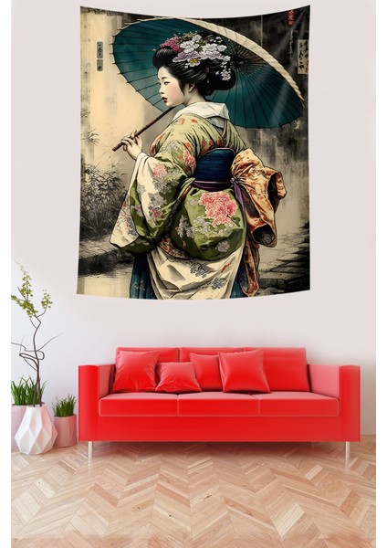 Şemsiyeli Japon Kız Leke Tutmaz Kumaş Duvar Örtüsü Duvar Halısı Tapestry