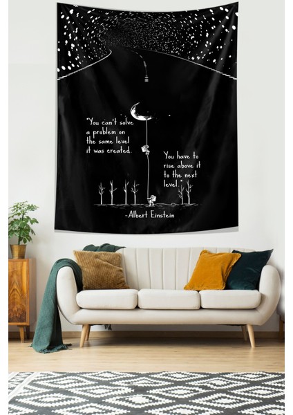 Siyah Beyaz Ay ve Albert Einstein Yazılı Leke Tutmaz Kumaş Duvar Örtüsü Duvar Halısı Tapestry