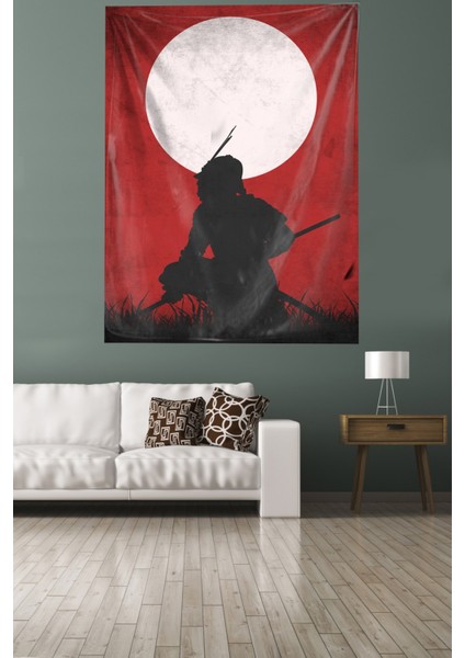 Japon Samuray Kılıçlı Adam Leke Tutmaz Kadife Kumaş Duvar Örtüsü Duvar Halısı Tapestry
