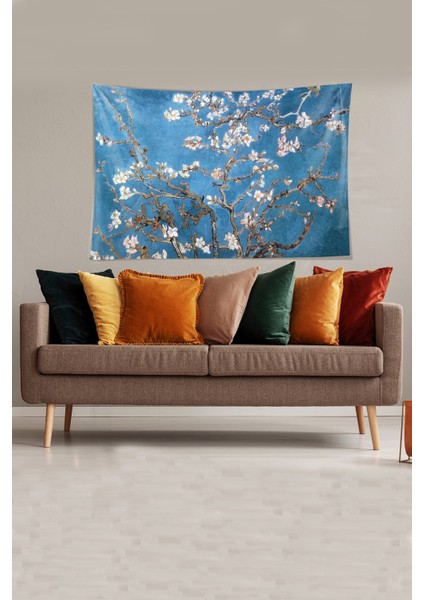 Mavi Almond Blossom Leke Tutmaz Kadife Kumaş Duvar Örtüsü Duvar Halısı Tapestry