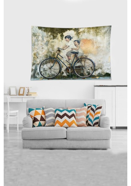 Multirenk Bisiklete Binen Çocuklar Leke Tutmaz Kadife Kumaş Duvar Örtüsü Duvar Halısı Tapestry fiyatları