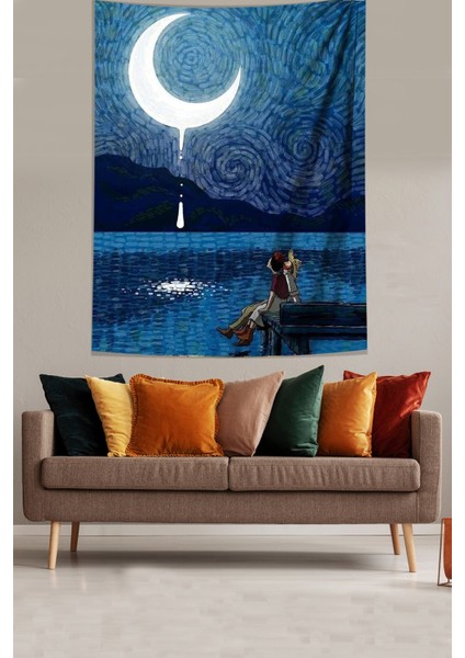 Van Gogh Iskelede Yıldzlı Gece Leke Tutmaz Kumaş Duvar Örtüsü Duvar Halısı Tapestry