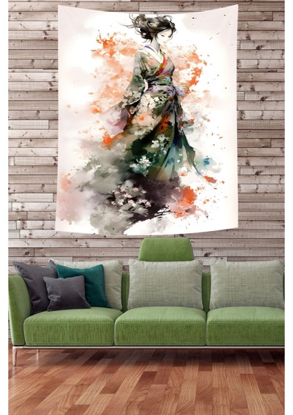 Çiçekli Japon Kadın Leke Tutmaz Kumaş Duvar Örtüsü Duvar Halısı Tapestry