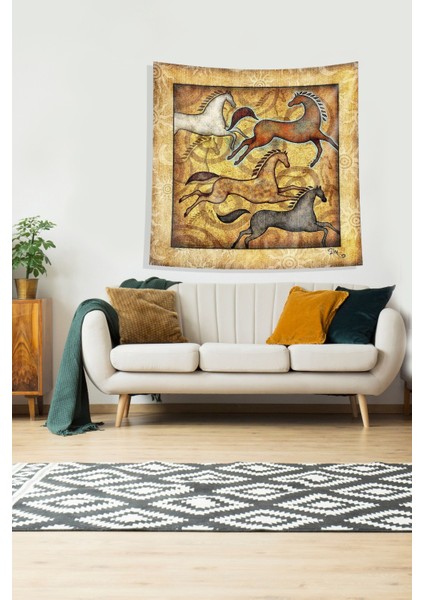 Sarı Koşan Atlar Leke Tutmaz Kadife Kumaş Duvar Örtüsü Duvar Halısı Tapestry