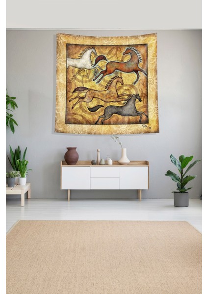 Sarı Koşan Atlar Leke Tutmaz Kadife Kumaş Duvar Örtüsü Duvar Halısı Tapestry fiyatları