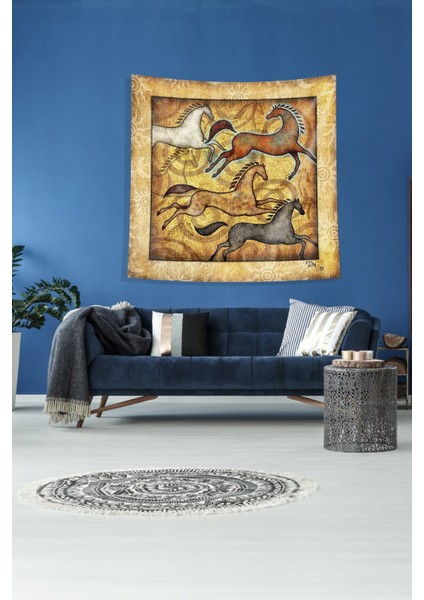 Sarı Koşan Atlar Leke Tutmaz Kadife Kumaş Duvar Örtüsü Duvar Halısı Tapestry modelleri