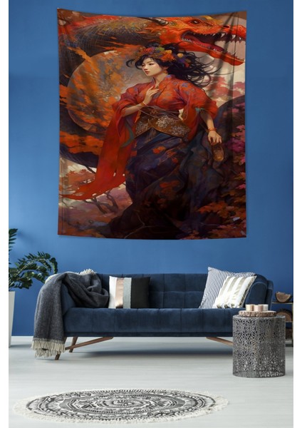 Ejderha ve Japon Kız Leke Tutmaz Kumaş Duvar Örtüsü Duvar Halısı Tapestry