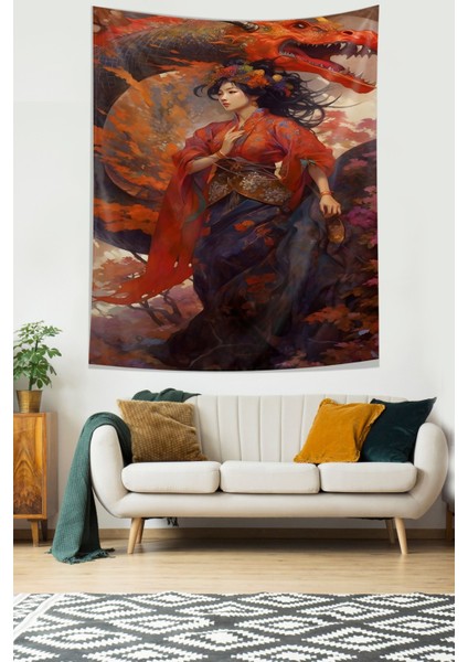 Ejderha ve Japon Kız Leke Tutmaz Kumaş Duvar Örtüsü Duvar Halısı Tapestry fiyatları
