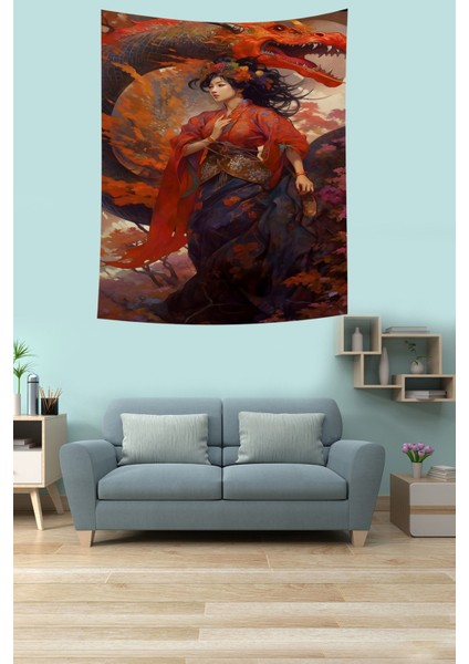Ejderha ve Japon Kız Leke Tutmaz Kumaş Duvar Örtüsü Duvar Halısı Tapestry modelleri