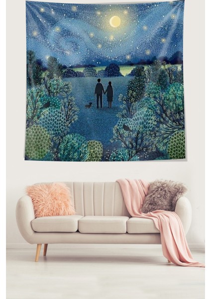 Van Gogh Yıldızlı Geceler Yürüyen Sevgililer Leke Tutmaz Kumaş Duvar Örtüsü Duvar Halısı Tapestry
