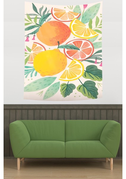 Yapraklı Limon Greyfurt Meyveler Leke Tutmaz Kumaş Duvar Örtüsü Duvar Halısı Tapestry