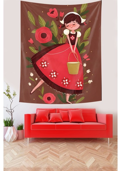 Çiçekler Içerisindeki Neşeli Kız Leke Tutmaz Kumaş Duvar Örtüsü Duvar Halısı Tapestry