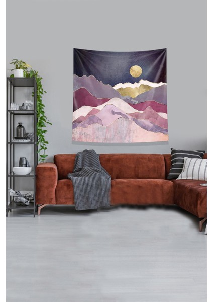 Gold Dağın Ardındaki Güneş Leke Tutmaz Kadife Kumaş Duvar Örtüsü Duvar Halısı Tapestry