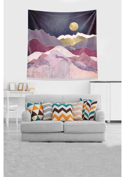 Gold Dağın Ardındaki Güneş Leke Tutmaz Kadife Kumaş Duvar Örtüsü Duvar Halısı Tapestry