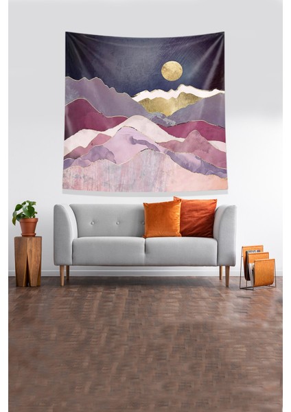 Gold Dağın Ardındaki Güneş Leke Tutmaz Kadife Kumaş Duvar Örtüsü Duvar Halısı Tapestry