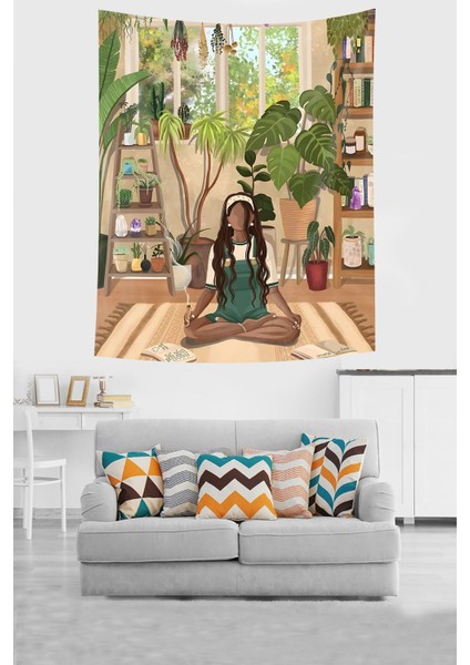 Bohem Iskandinav Bitkiler Arasında Yoga Yapan Kız Leke Tutmaz Kumaş Duvar Örtüsü Duvar Halısı Tapestry