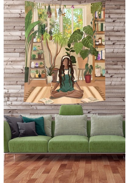 Bohem Iskandinav Bitkiler Arasında Yoga Yapan Kız Leke Tutmaz Kumaş Duvar Örtüsü Duvar Halısı Tapestry fiyatları