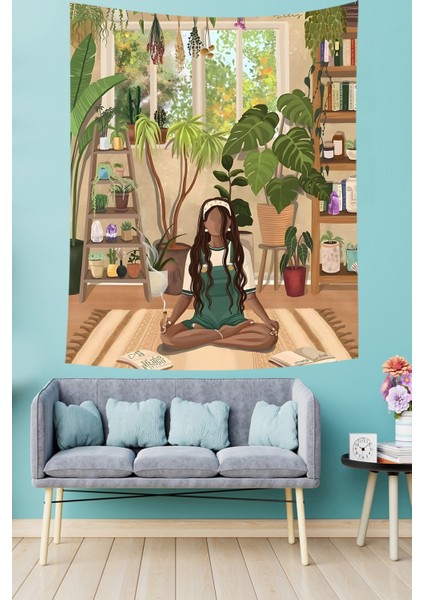 Bohem Iskandinav Bitkiler Arasında Yoga Yapan Kız Leke Tutmaz Kumaş Duvar Örtüsü Duvar Halısı Tapestry modelleri
