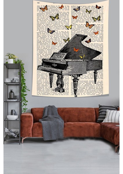 Piyano Ve Kelebekler Leke Tutmaz Kumaş Duvar Örtüsü Duvar Halısı Tapestry