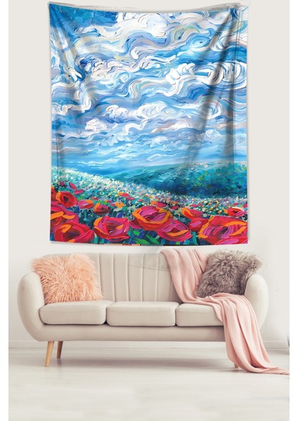 Gelincik Tarlası Ve Bulut Dalgası Desen Leke Tutmaz Kumaş Duvar Örtüsü Duvar Halısı Tapestry