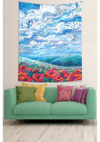Gelincik Tarlası Ve Bulut Dalgası Desen Leke Tutmaz Kumaş Duvar Örtüsü Duvar Halısı Tapestry fiyatları