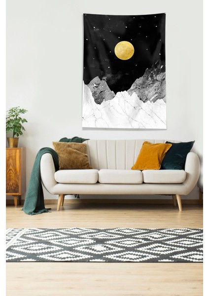 Siyah Dağın Ardındaki Ay Leke Tutmaz Kadife Kumaş Duvar Örtüsü Duvar Halısı Tapestry