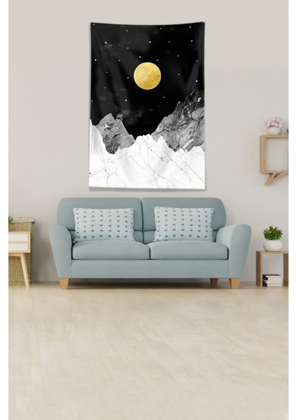 Siyah Dağın Ardındaki Ay Leke Tutmaz Kadife Kumaş Duvar Örtüsü Duvar Halısı Tapestry