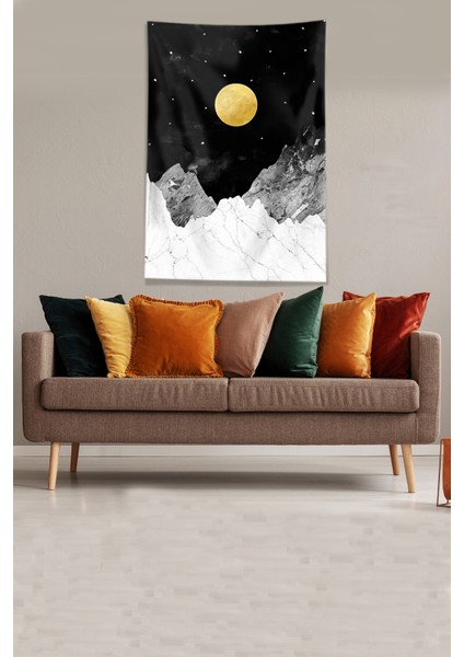 Siyah Dağın Ardındaki Ay Leke Tutmaz Kadife Kumaş Duvar Örtüsü Duvar Halısı Tapestry