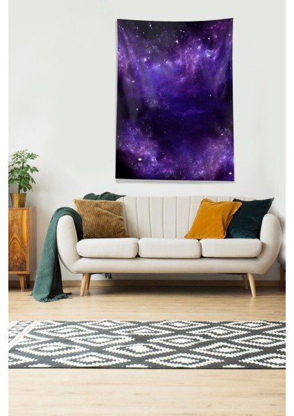 Mor Galaksi Desenli Leke Tutmaz Kadife Kumaş Duvar Örtüsü Duvar Halısı Tapestry