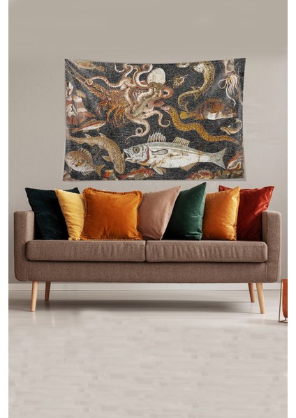 Çok Renkli Mozaik Desenli Leke Tutmaz Kadife Kumaş Duvar Örtüsü Duvar Halısı Tapestry