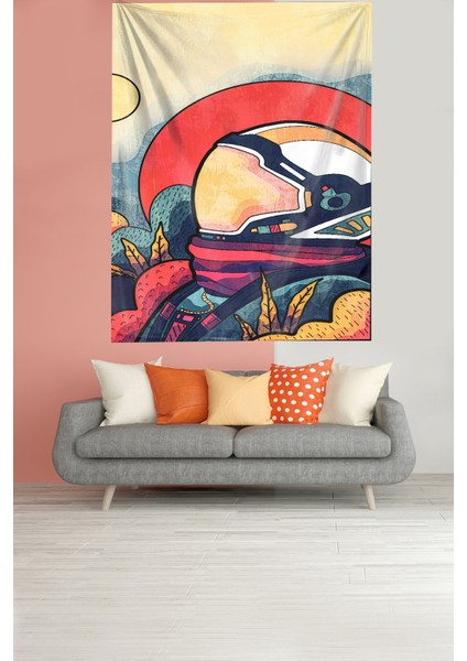 Günbatımı Seyreden Astronot Leke Tutmaz Kadife Kumaş Duvar Örtüsü Duvar Halısı Tapestry