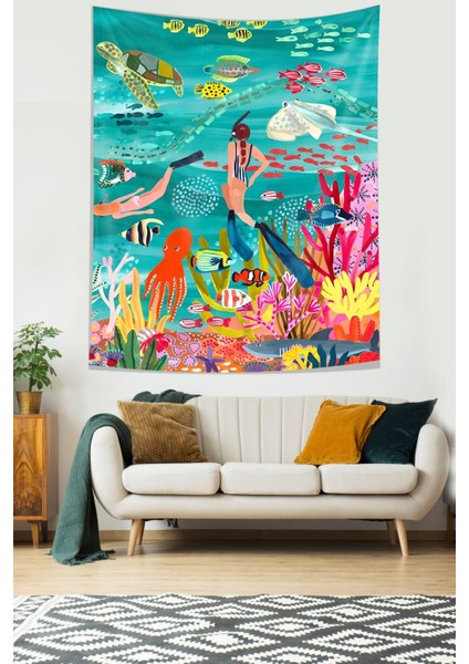 Su Altı Deniz Canlıları Denizaltı Dalgıç Kız Leke Tutmaz Kumaş Duvar Örtüsü Duvar Halısı Tapestry